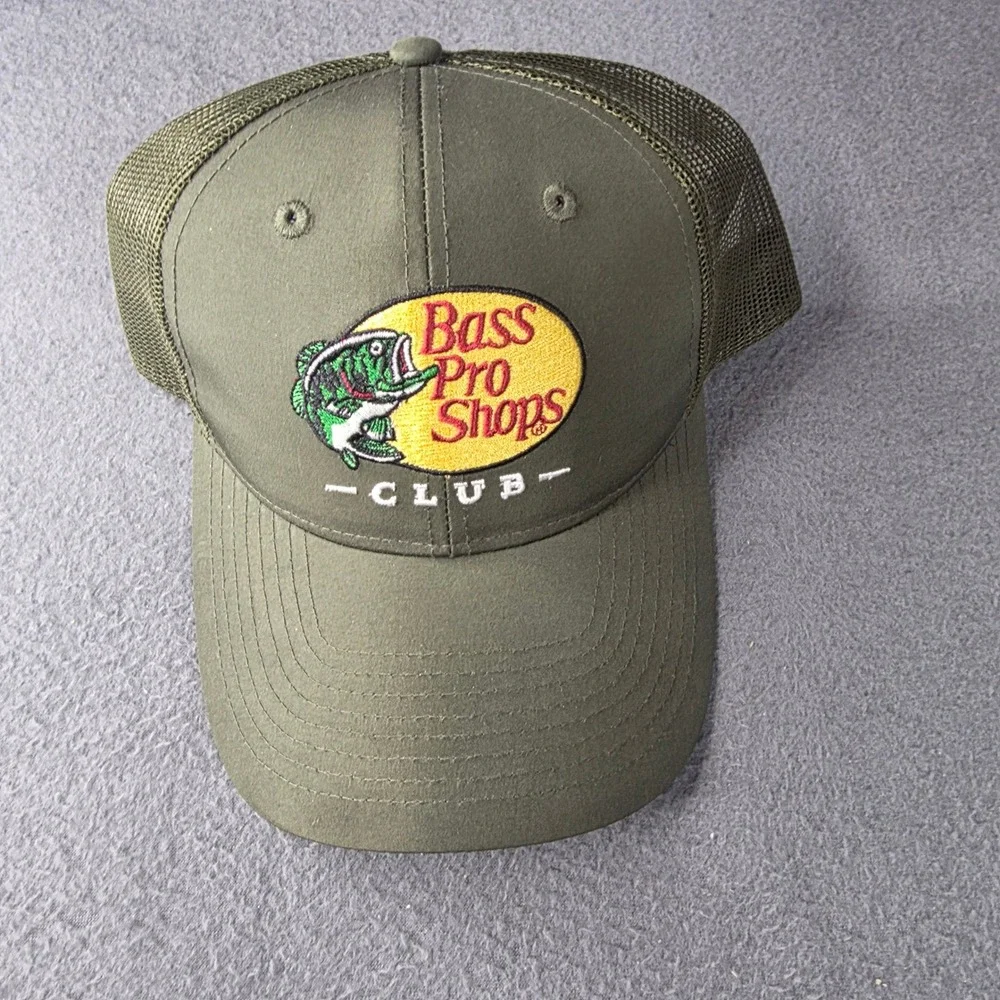 Bass Pro Shops Club Trucker Hat Olive Green Mesh Snapback Fishing Cap